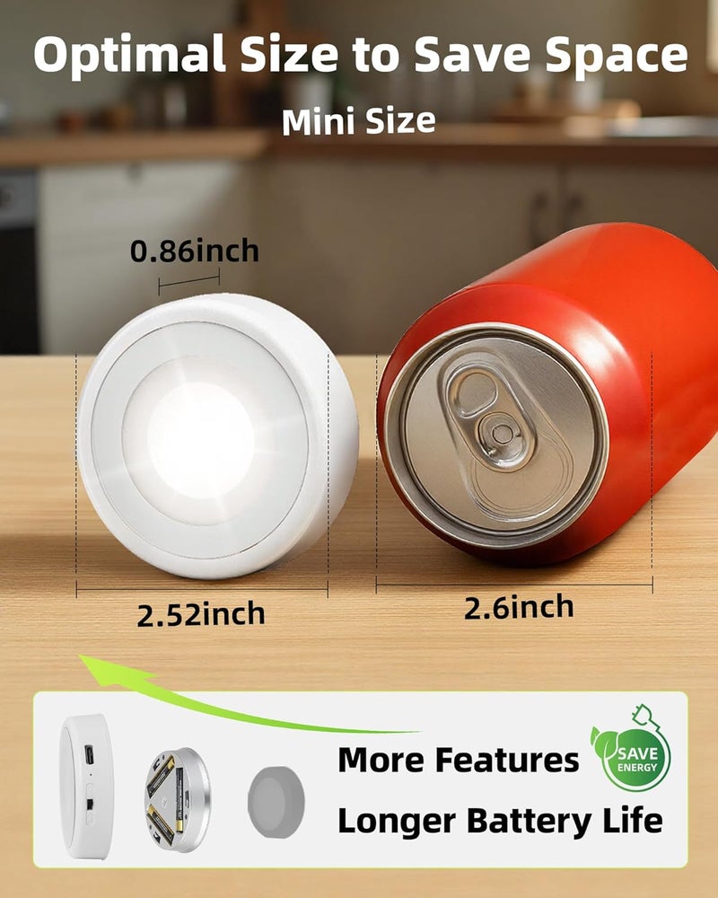 EZVALO أضواء LED دائرية، أضواء قابلة لإعادة الشحن، أضواء خزانة لاسلكية، 3 درجات حرارة للألوان، أضواء تحت الخزائن، أضواء لمسية صغيرة 2.5 بوصة، مثالية للمطبخ، الخزانة، المخزن، الرفوف، المعسكر (6 عبوات) - Image 2